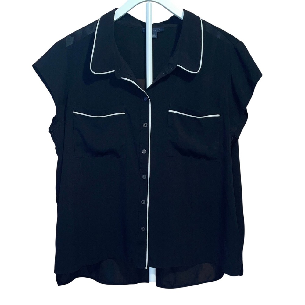 Tommy Hilfiger Mens Black Button Down Shirt White Piping XXL
